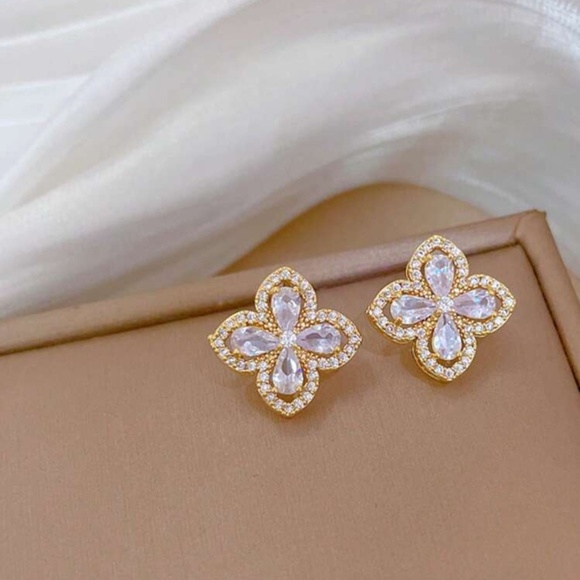 Jewelry - Gold Butterfly Stud Earrings Cubic Zirconia Stainless Steel Dainty Floral